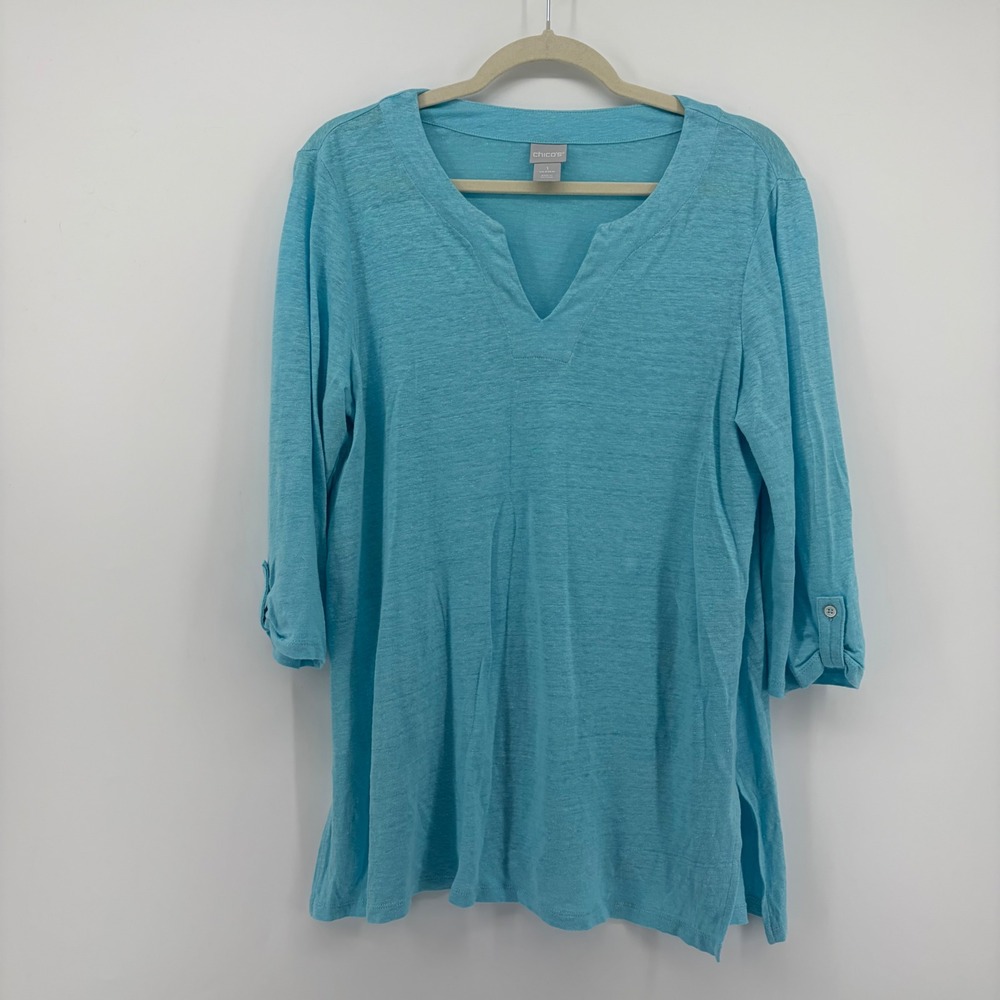 Chico's Womens Medium Turquoise Blue Linen Tunic Top 3/4 Roll Tab Sleeve V-Neck